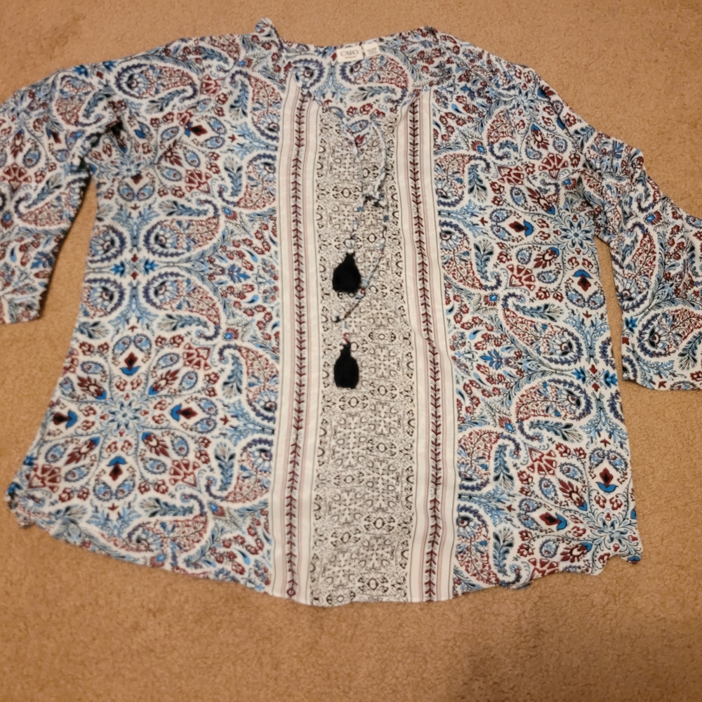 Paisley Print Blouse - Blue and White